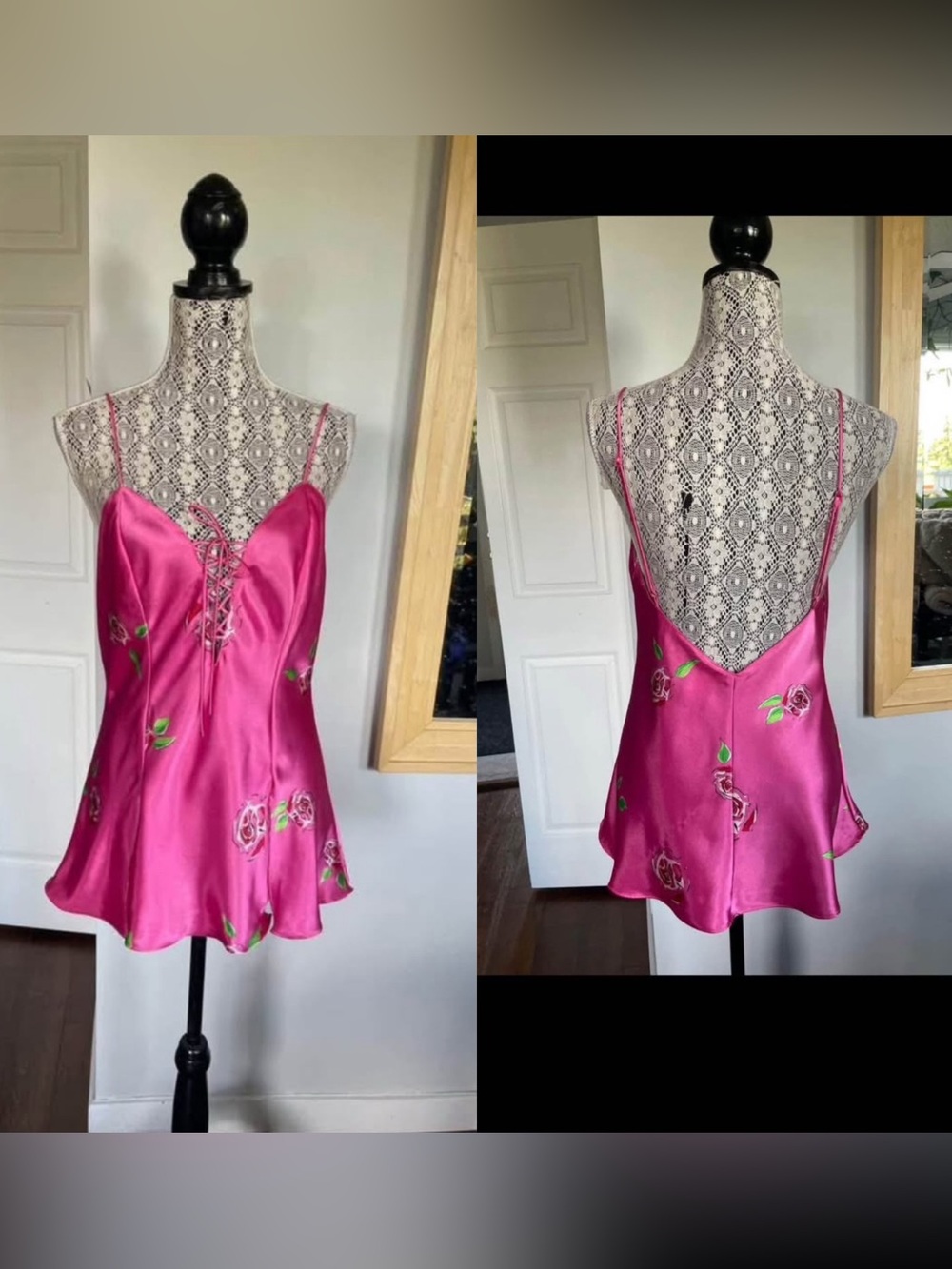 Vintage Y2K Barbiecore Coquette Lace Up Satin Cami Lingerie Hot Pink Tank Medium